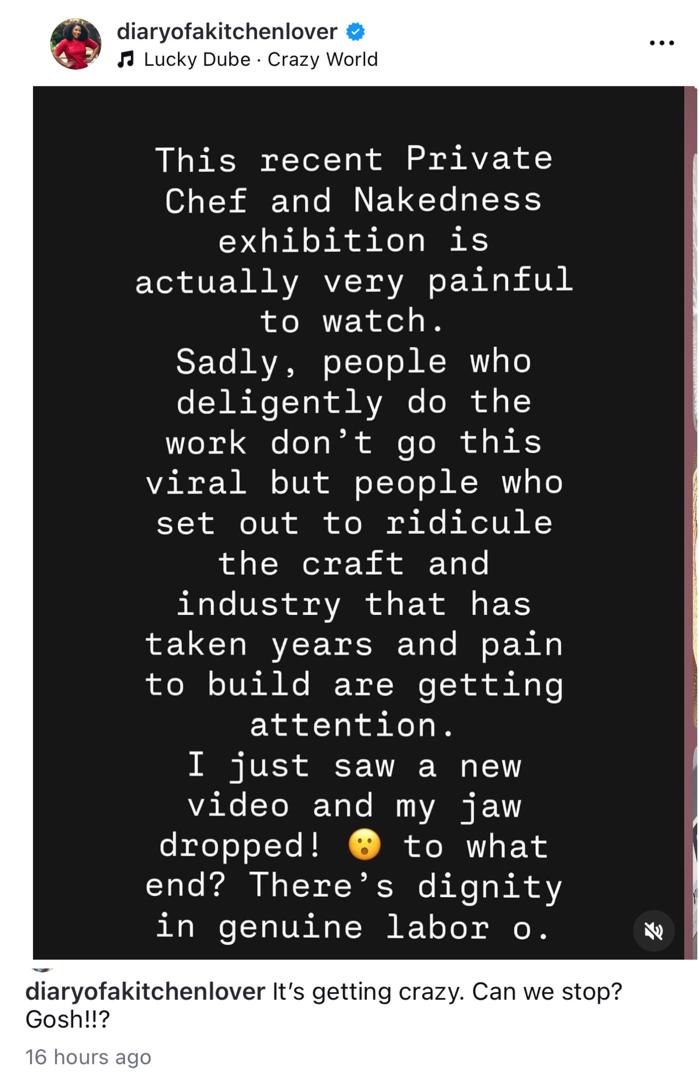 Its getting crazy. Can we stop? - Nigerian chef calls out her female colleagues for dressing n@ked while serving as private chefs